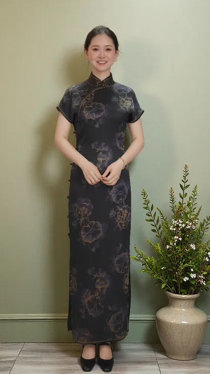 锦罗坊【风华绝代】100%桑蚕丝45姆米双面缎香云纱古法真开襟旗袍裙