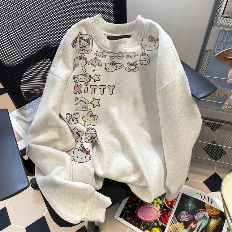 日系甜美可爱Kitty猫印花纯棉圆领卫衣男女情侣秋冬加绒保暖长袖