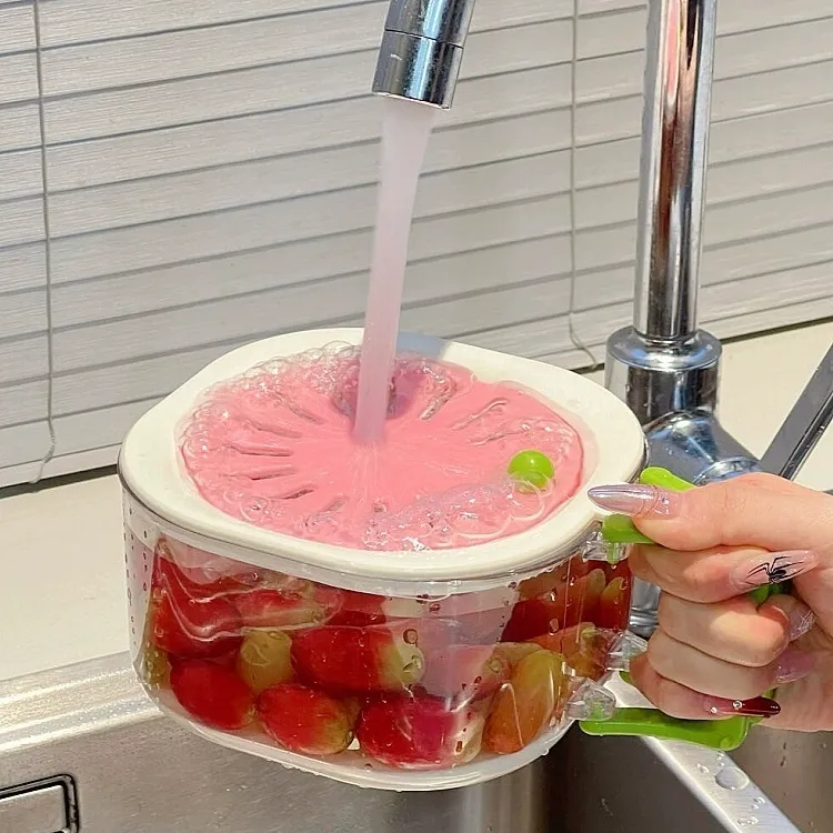 奶油风沥水篮洗果蔬神器双层带盖厨房食品级多功能果盘沥水盒ty