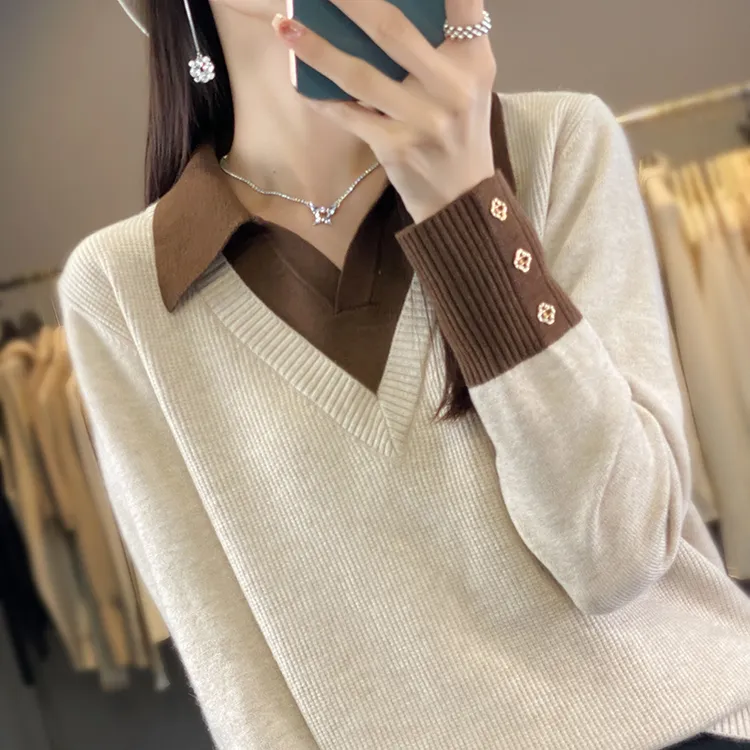 鄂尔斯市纯100羊毛衫洋气大码女装秋冬毛衣假两件翻领针织打底衫