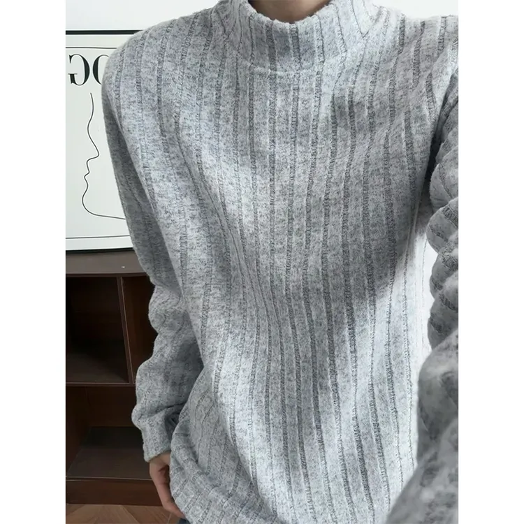 韩系灰色立体半高领条纹卫衣秋冬男款复古慵懒感宽松长袖打底上衣