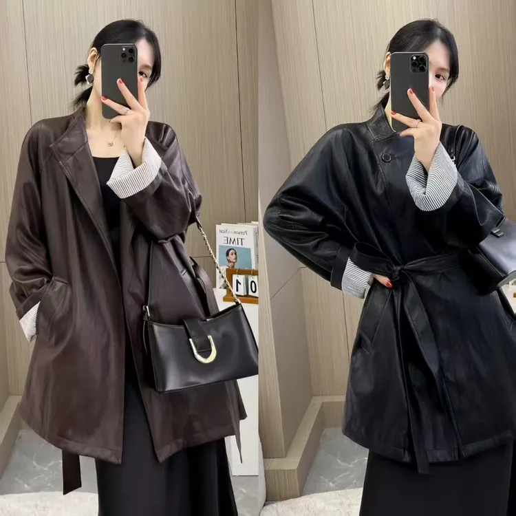 909-1高品质酷飒时尚立领系带收腰皮衣女新款设计感显瘦皮外套
