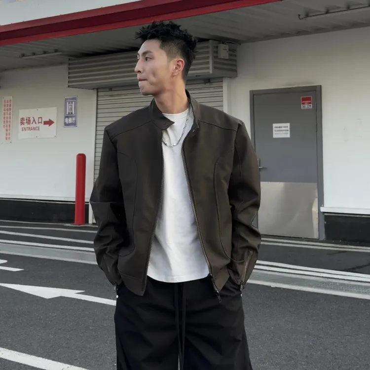 Aye早秋新款拼接斜纹多拉链肌理感高级机车服情侣百搭立领男外套