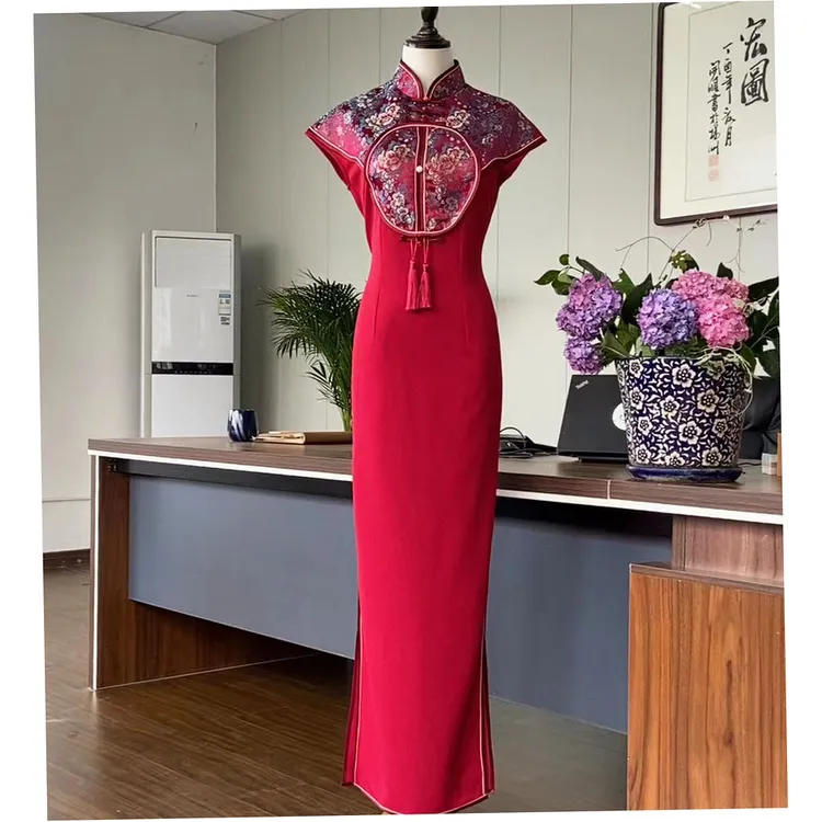 娴馨（富贵花开）宫廷锦缎提花弹力枣红色长款婚礼喜妈妈礼服旗袍