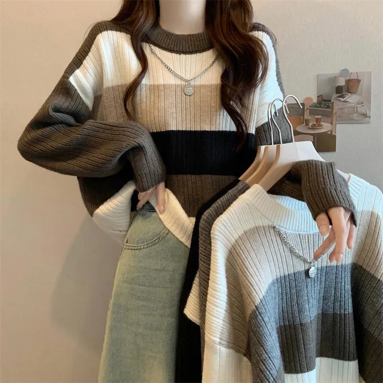 秋冬复古撞色条纹长袖针织衫女韩系慵懒软糯套头短款宽松保暖上衣