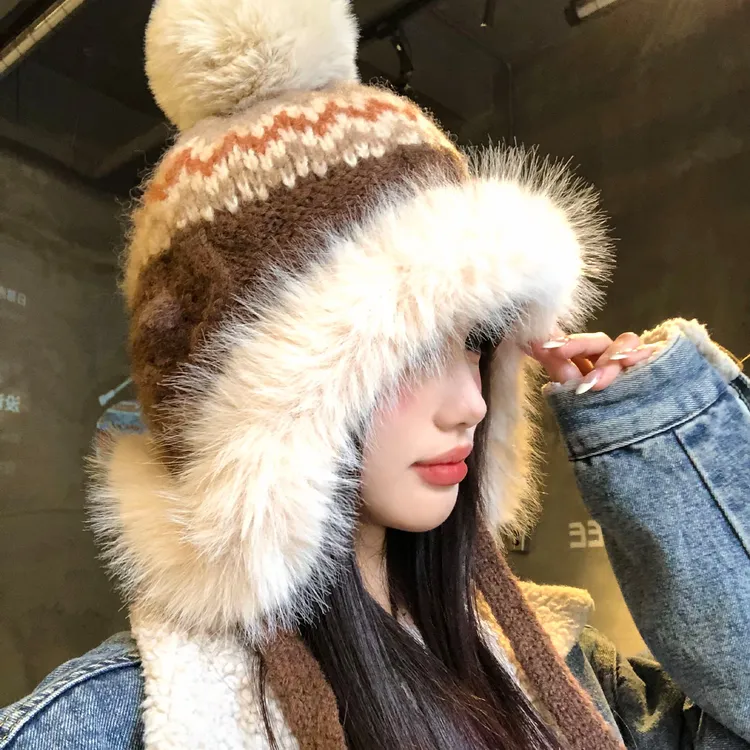 费尔岛风复古提花雷锋帽女冬季东北加厚保暖防寒毛线护耳针织帽子
