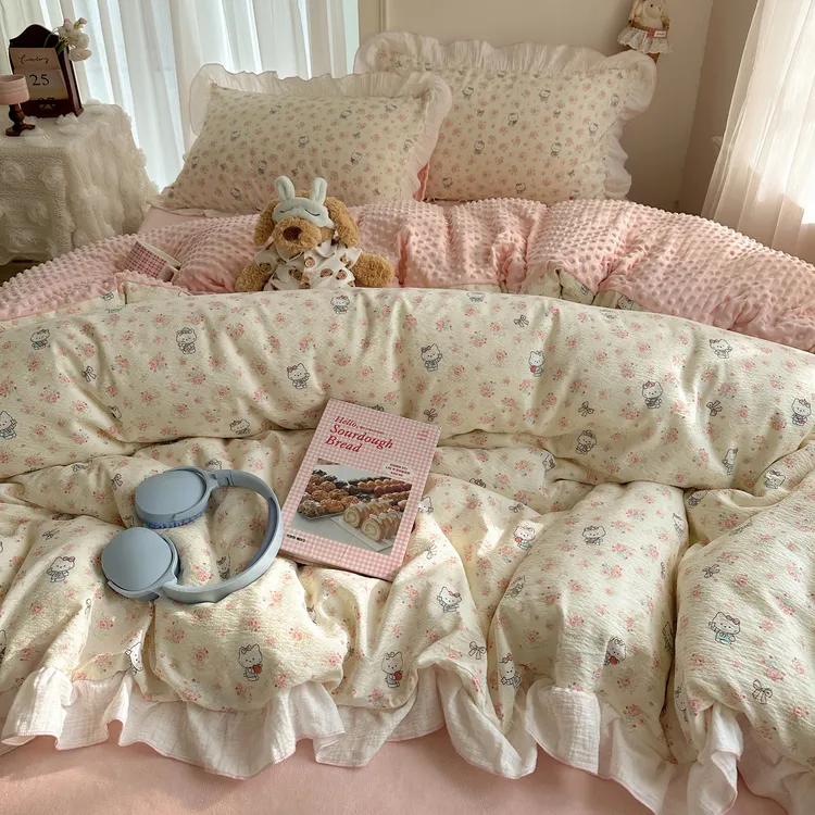 卡通猫咪保暖四件套木棉加豆豆绒秋冬季单面加绒被套床单人三件套