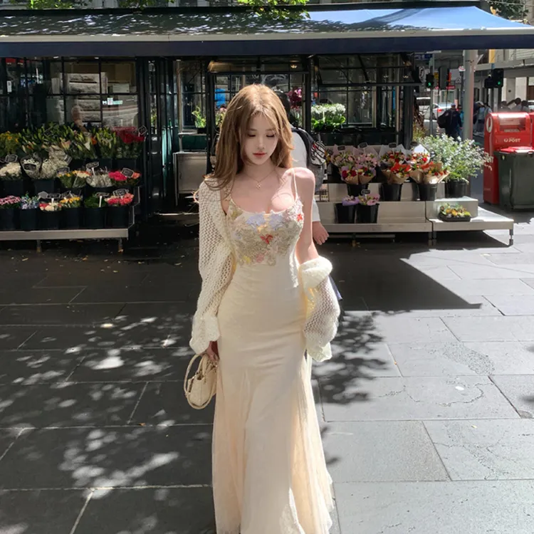 JMSHOP 鱼姬少女 花朵蕾丝网纱鱼尾连衣裙中长款修身包臀吊带裙
