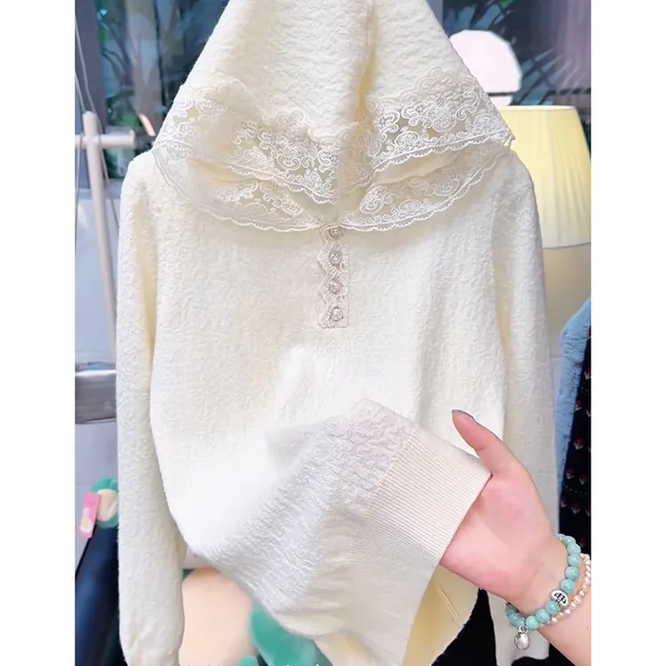 法式高级感蕾丝连帽长袖针织衫女2025秋爆款大码宽松显瘦气质上衣