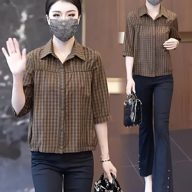 时尚格子衬衫女宽松遮肚子上衣2025夏装中袖衬衫洋气显瘦漂亮小衫