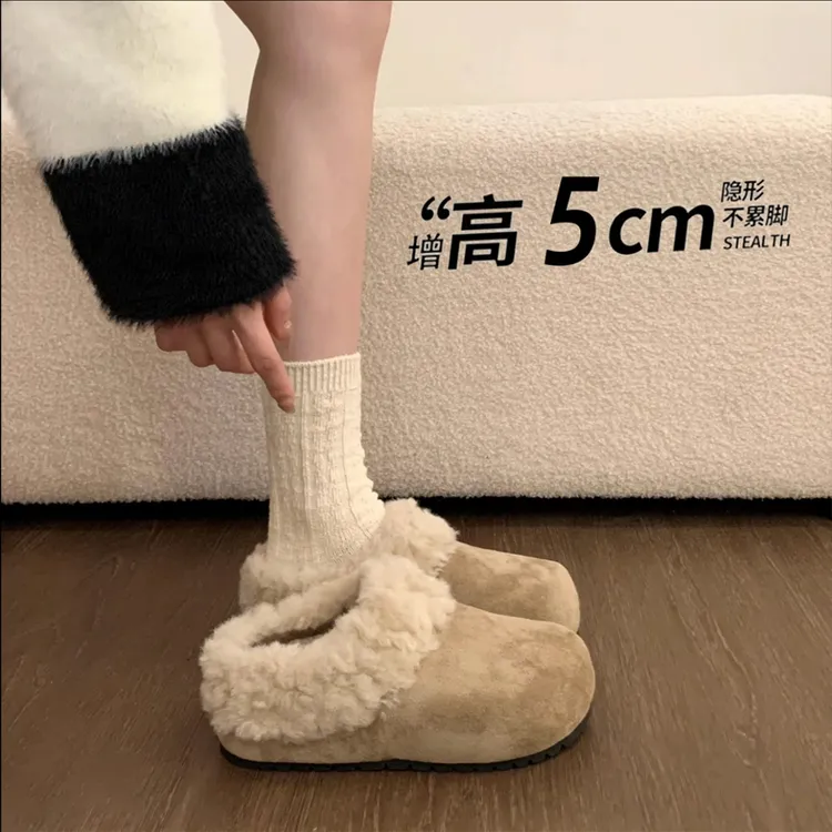 巨好看厚底内增高加绒勃肯鞋子毛毛鞋棉拖鞋女冬外穿2026新款半拖