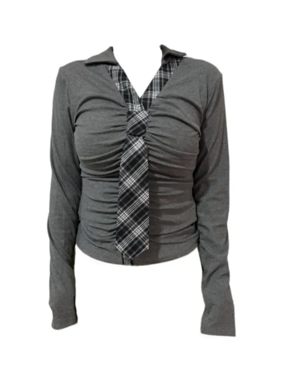 Amy家 微胖mm辣妹假两件格子领带长袖T恤女秋季修身显瘦v领上衣女