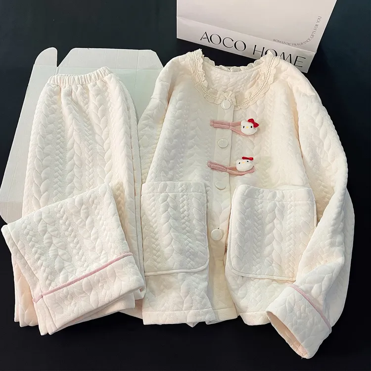 网红睡衣女新款秋冬季可爱KT猫加厚保暖空气棉夹层休闲家居服套装
