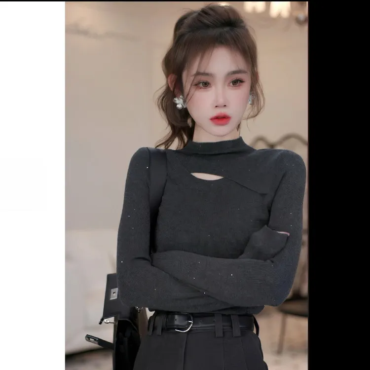 2025韩系新款秋冬百搭气质设计感半高领镂空亮闪超弹打底衫