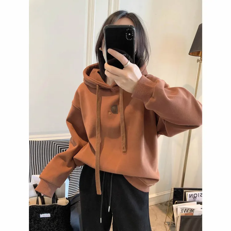 加绒卫衣女2025秋冬新款女装潮韩版时尚美拉德抽绳连帽休闲上衣女