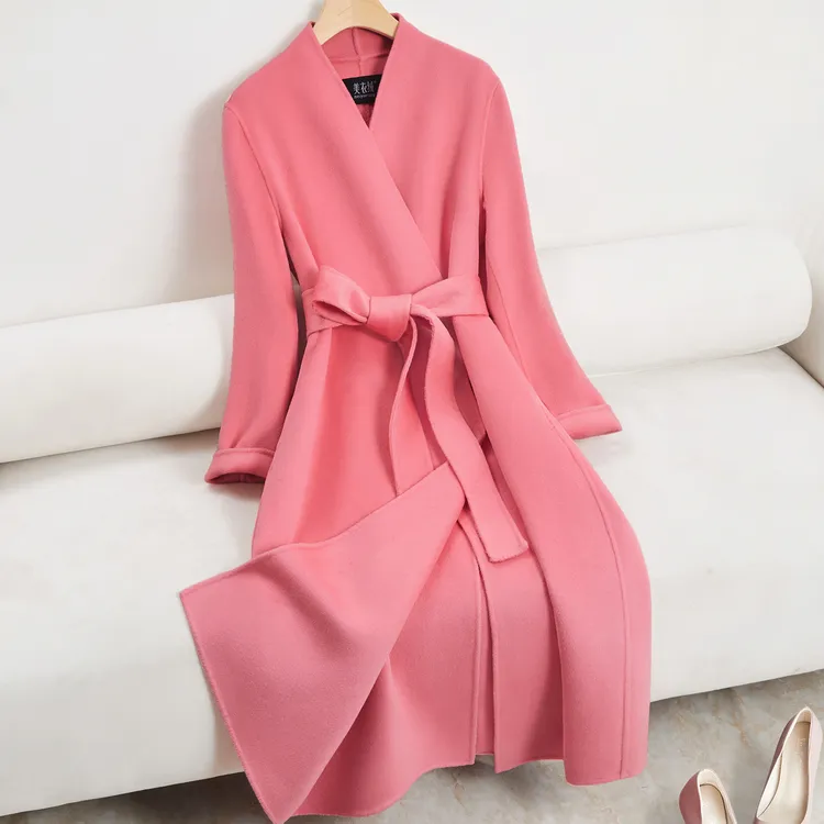 粉色双面羊绒大衣女2025新款修身减龄高端气质V领开叉羊毛呢外套