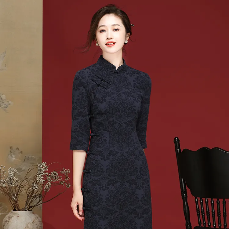 经典盘扣全开襟旗袍秋季新款中国风棉提花日常改良连衣裙24318