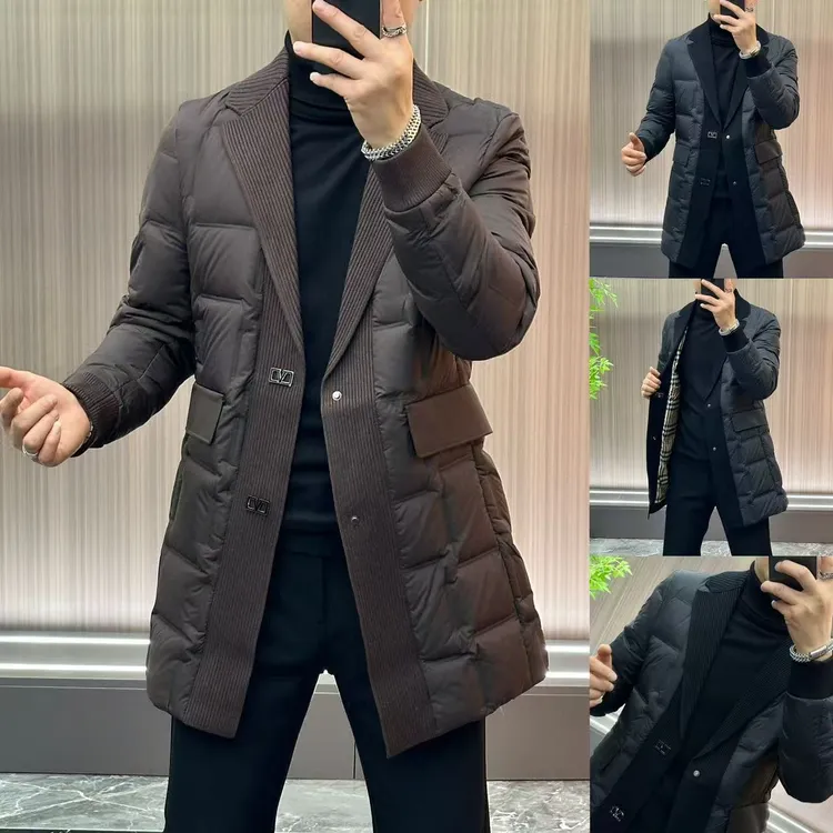 23978｜针织领中长款羽绒服男士冬季西服领羽绒服风衣中长款羽绒服