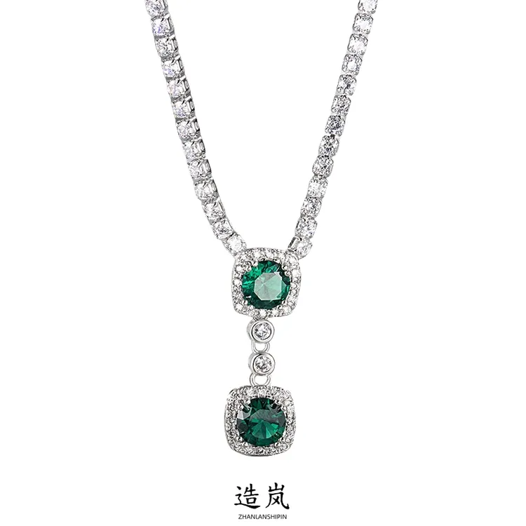 铜合金项链 方形锆石项链超闪小众设计高级感法式轻奢时尚锁骨链