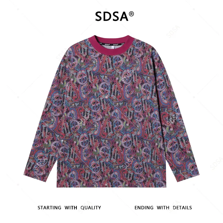 SDSA男士秋冬新款痞帅男装潮牌抽象涂鸦圆领长袖T恤满印宽松上衣
