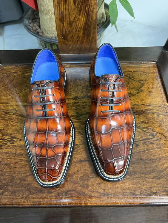 一件过擦色尼罗鳄琴底挪威缝八缝线系带正装牛津鞋潮流时尚百搭