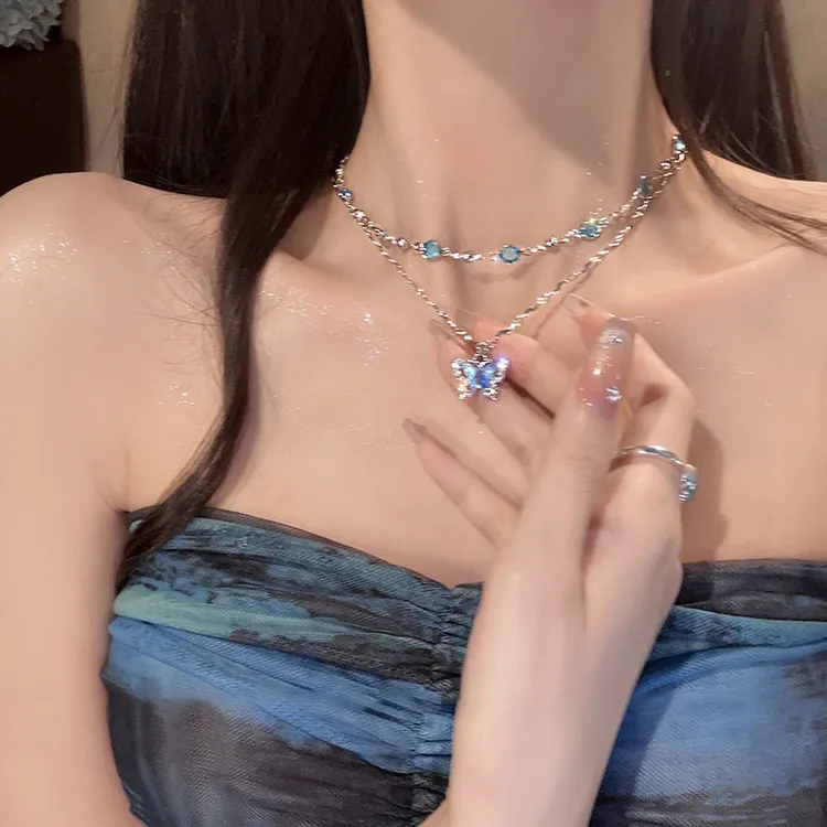 铜合金合成锆石吊坠 蓝色双层蝴蝶吊坠项链饰品轻奢叠戴锁骨链