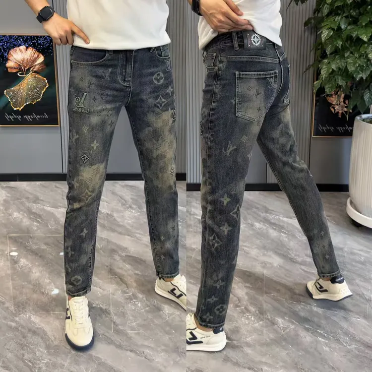 牛仔裤男秋季时尚潮流宽松个性提花长裤男百搭舒适印花拼接裤子男