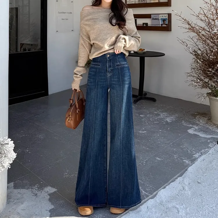 复古蓝微喇牛仔裤女2025春秋新款高腰宽松显瘦垂感辣妹拖地喇叭裤