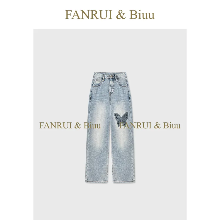 FANRUI/泛芮「沧海迷蝶」水洗棉休闲复古显瘦新款直筒牛仔裤LP16283