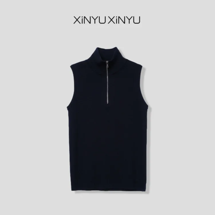 XINYU/芯与定染藏青色100美丽诺羊毛极简高级马甲针织衫 23456
