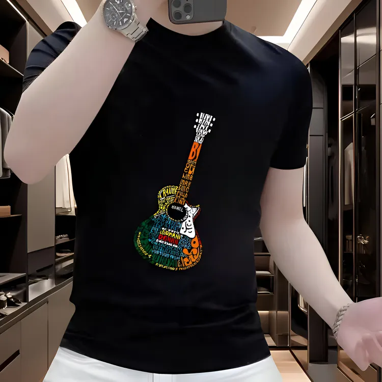 流行吉他图案2025夏季新款重磅轻奢内搭T恤短袖印花圆领时尚半袖