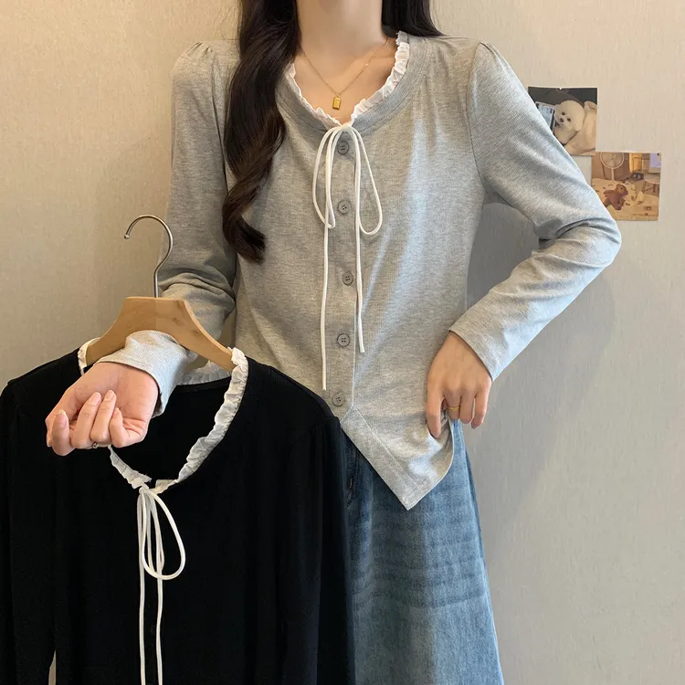 大码女装收腰显瘦打底衫2025年秋季拼接蝴蝶结系带长袖T恤63987