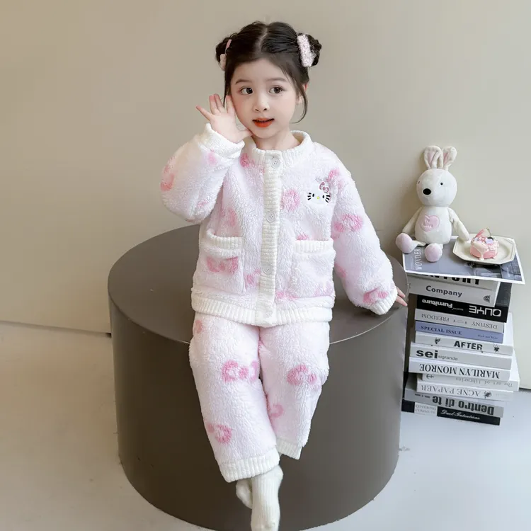 女童睡衣秋冬季珊瑚绒开衫套装小女孩冬款公主风儿童加厚家居服冬