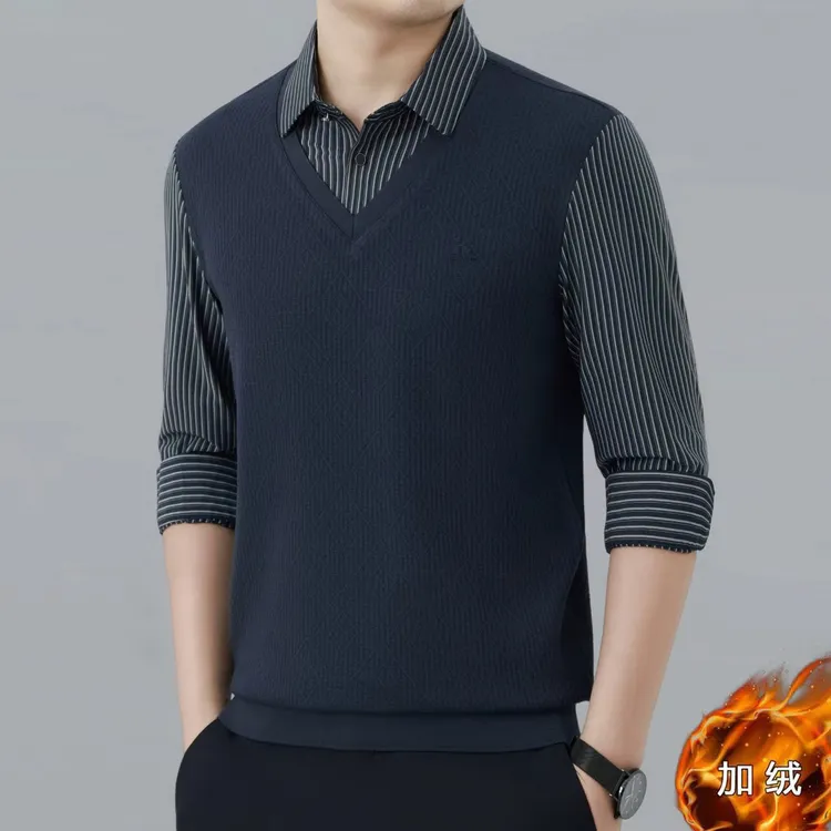 男士秋冬装高端保暖假两件衬衫加绒商务休闲针织衫免烫加厚长袖