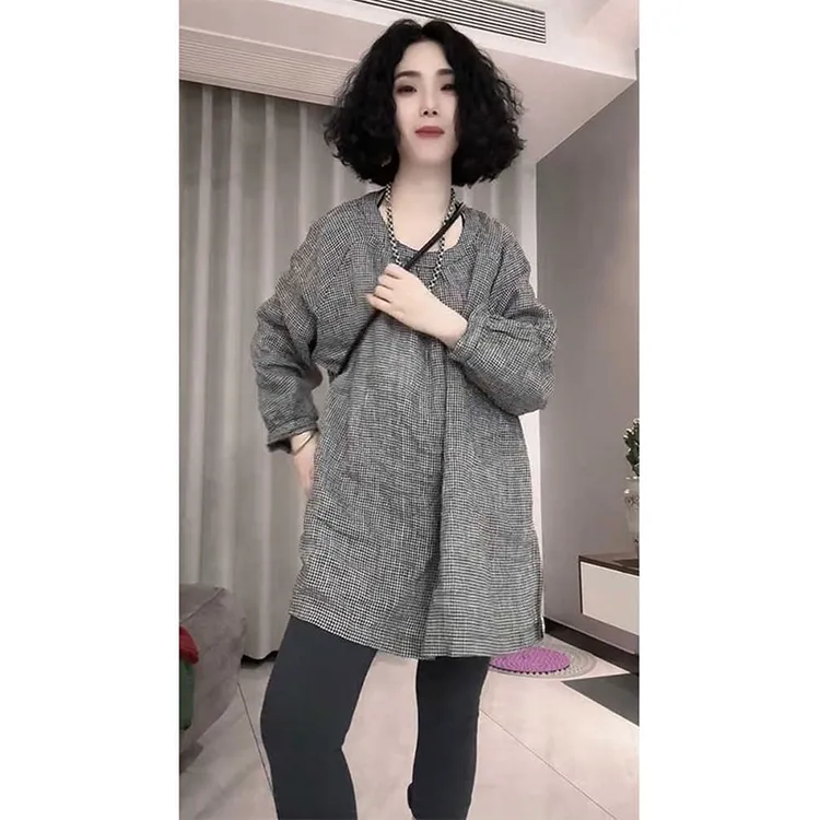 日系百搭宽松中长款麻料格子衬衫欧洲站2025春季新款时尚休闲上衣