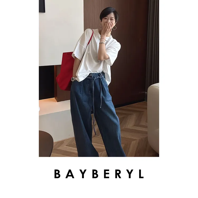  BAYBERYL老贝长绒棉T*黑白圆领落肩百搭春短袖T恤NT5B2427