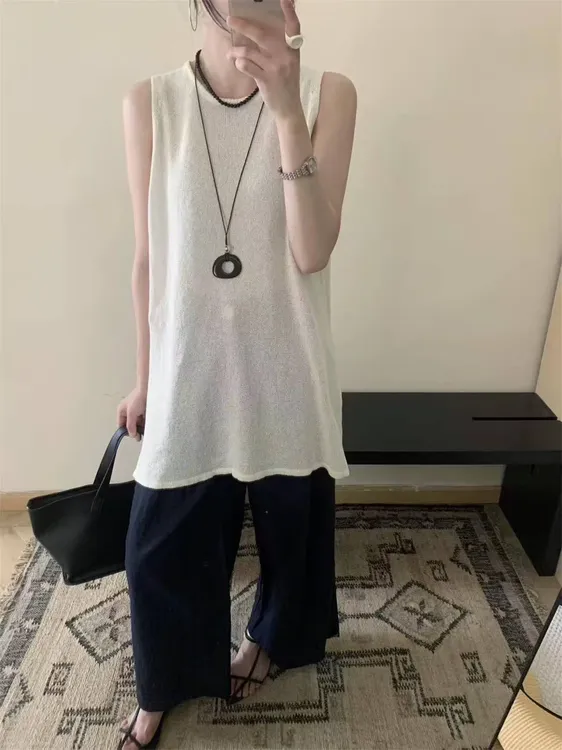 【进口和纸纱】中长款圆领时尚显瘦ins宽松型纯欲风针织背心