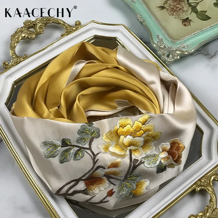 KAACECHY高档苏绣丝巾女中国风牡丹刺绣真丝桑蚕丝围巾披肩礼盒装
