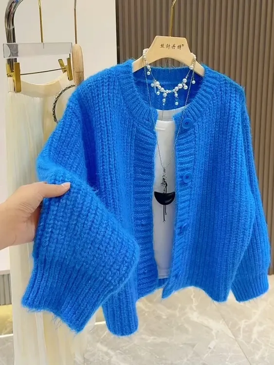 克莱因蓝加厚毛衣开衫外套女秋冬时尚洋气小香风圆领单排扣针织衫