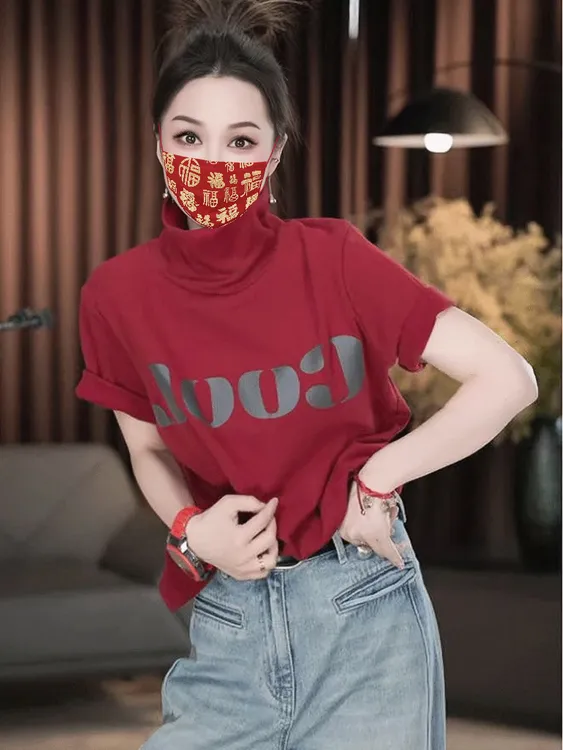 欧货时尚高领短袖t恤女春季2025年简约字母印花洋气休闲别致上衣