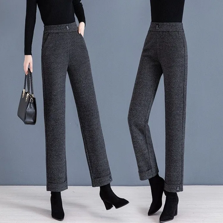 毛呢裤子女秋冬加厚九分直筒裤宽松显瘦小个子中年妈妈高腰休闲裤