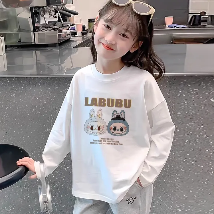 卡通拉布布Labubu新款长袖袖T恤女童纯棉春秋洋气百搭印花上衣服t