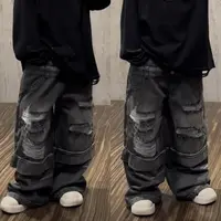 三乐家儿童秋款高街直筒宽松休闲潮牌复古牛仔裤双腰破洞设计长裤