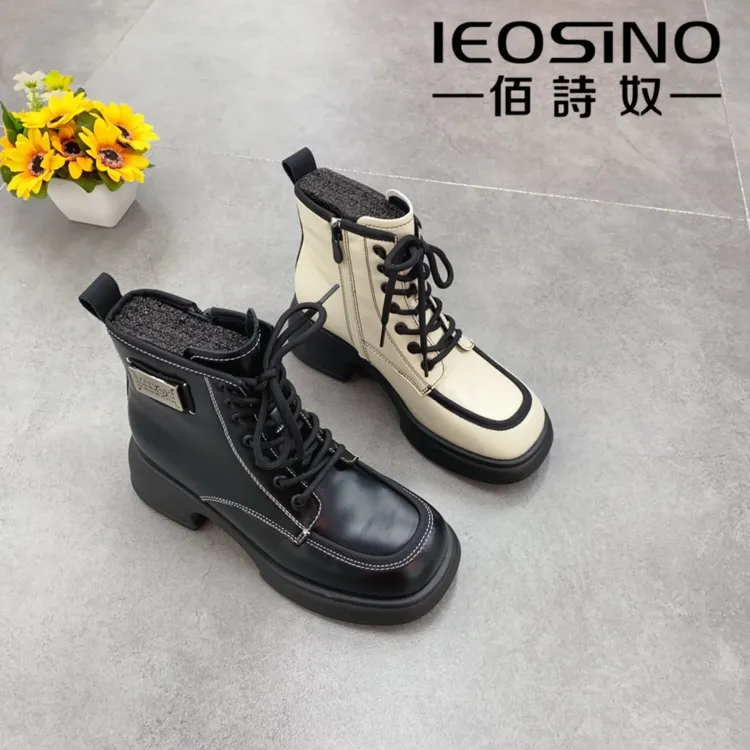 佰诗奴时尚马丁靴经典黑色米白优质材料女鞋时尚百搭真皮马丁靴