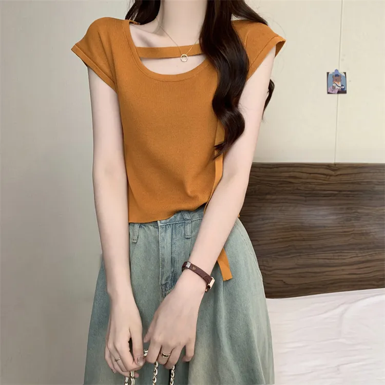晨领针织修身短袖T恤女夏季新款设计感小众别致百搭圆领短款上衣