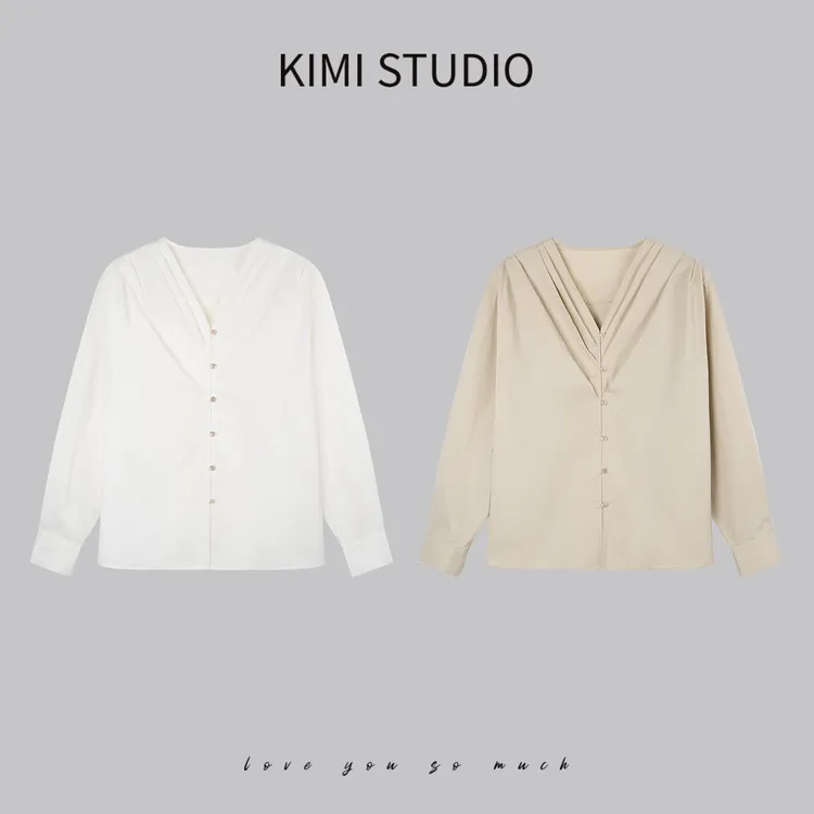 宽松外搭设计感小众别致衬衣早秋薄款压褶V领长袖衬衫 AW25010