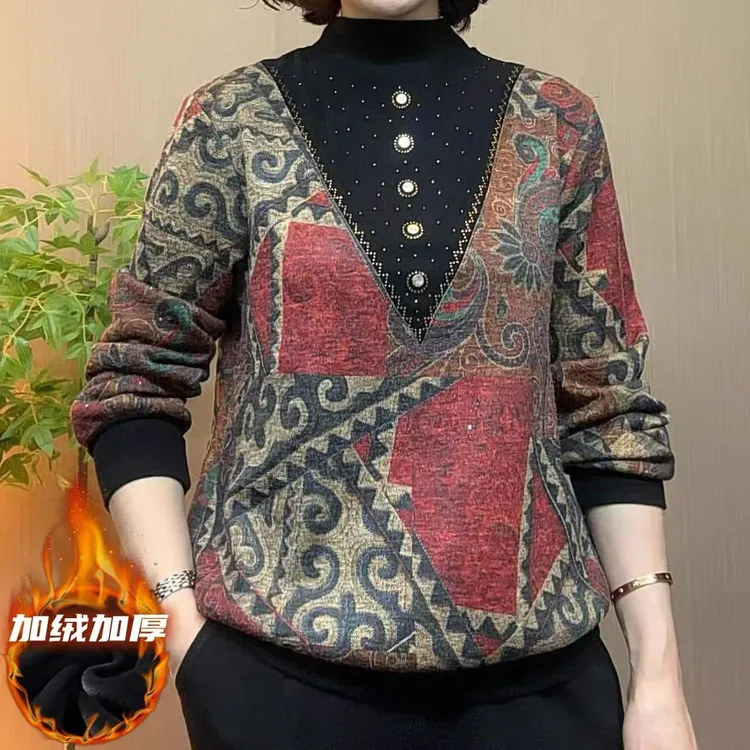 中老年妈妈装时尚宽松假两件气质流光风加绒加厚减龄半高领打底衫
