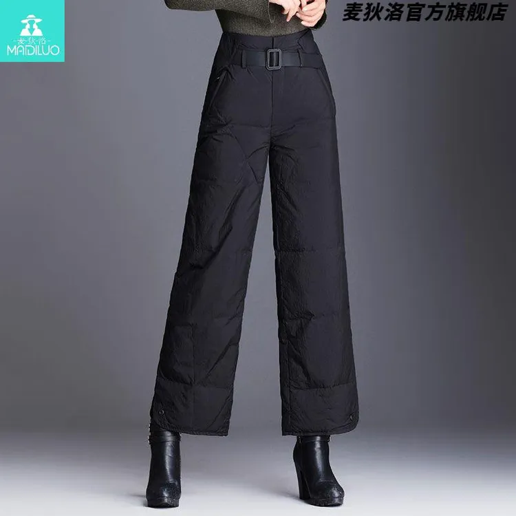 时尚洋气高腰显瘦羽绒棉裤女冬季加厚防寒保暖妈妈装直筒阔腿长裤