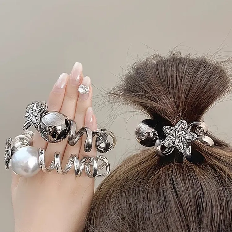 韩版东大门水钻电话线发圈星星丸子头绳女气质珍珠皮筋扎马尾头饰
