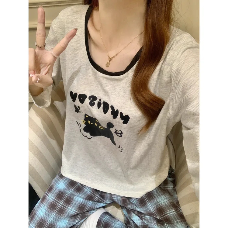 韩版ins风睡衣女春秋款带胸垫可爱卡通长袖长裤可外穿家居服套装